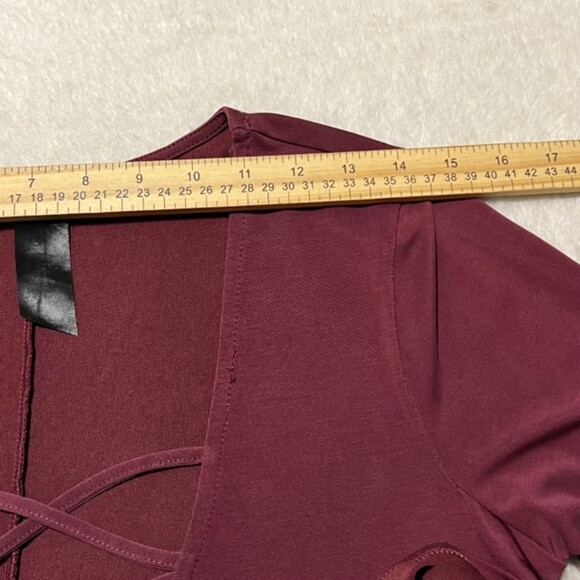 Womens Chic Burgundy Deep V-neck Criss Cross LS Swing Shift Dress Size Large - Picture 11 of 12
